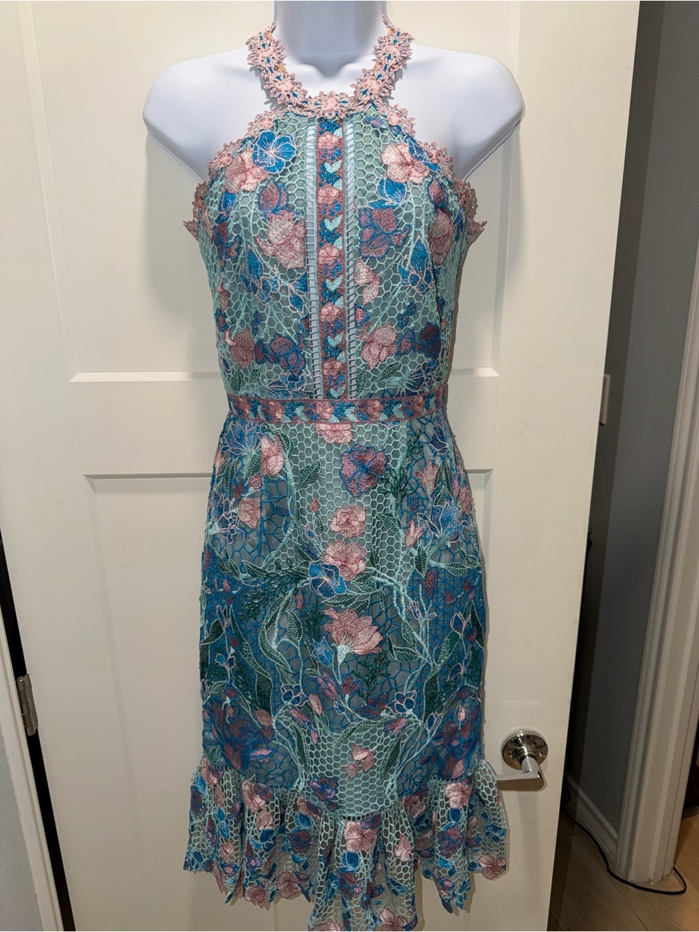 Marchesa Notte Blue&Pink Floral Embroidered Lace Cocktail Dress- Designer dress